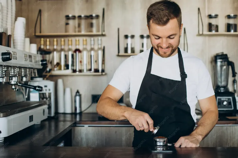 Barista préparant un café au comptoir d'un coffee shop