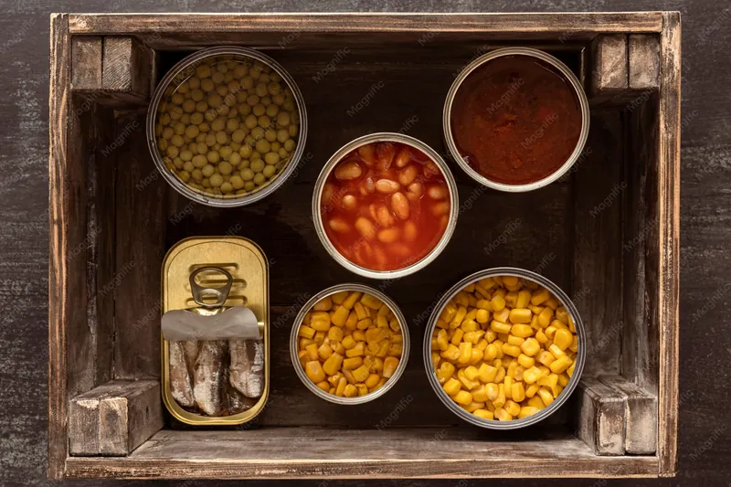 Boîtes de conserve ouvertes dans une caisse en bois : petits pois, haricots, maïs et sardines