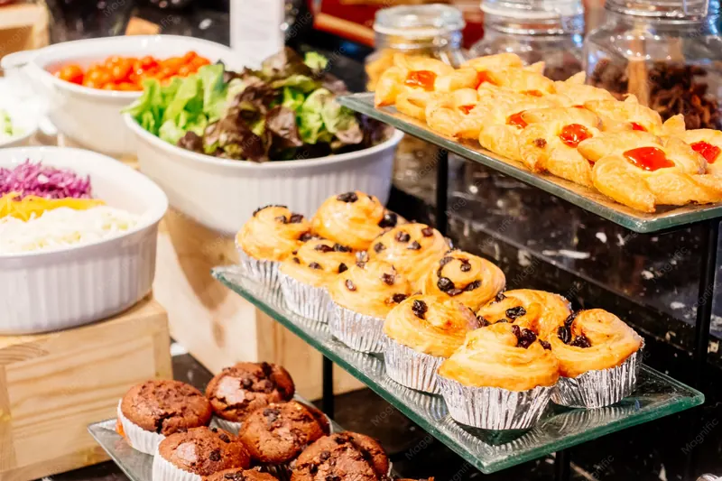 Buffet traiteur garni de muffins, salades et pâtisseries lors d'un événement