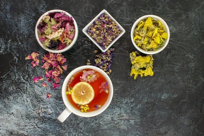 Tasse d'infusion et bols de fleurs séchées