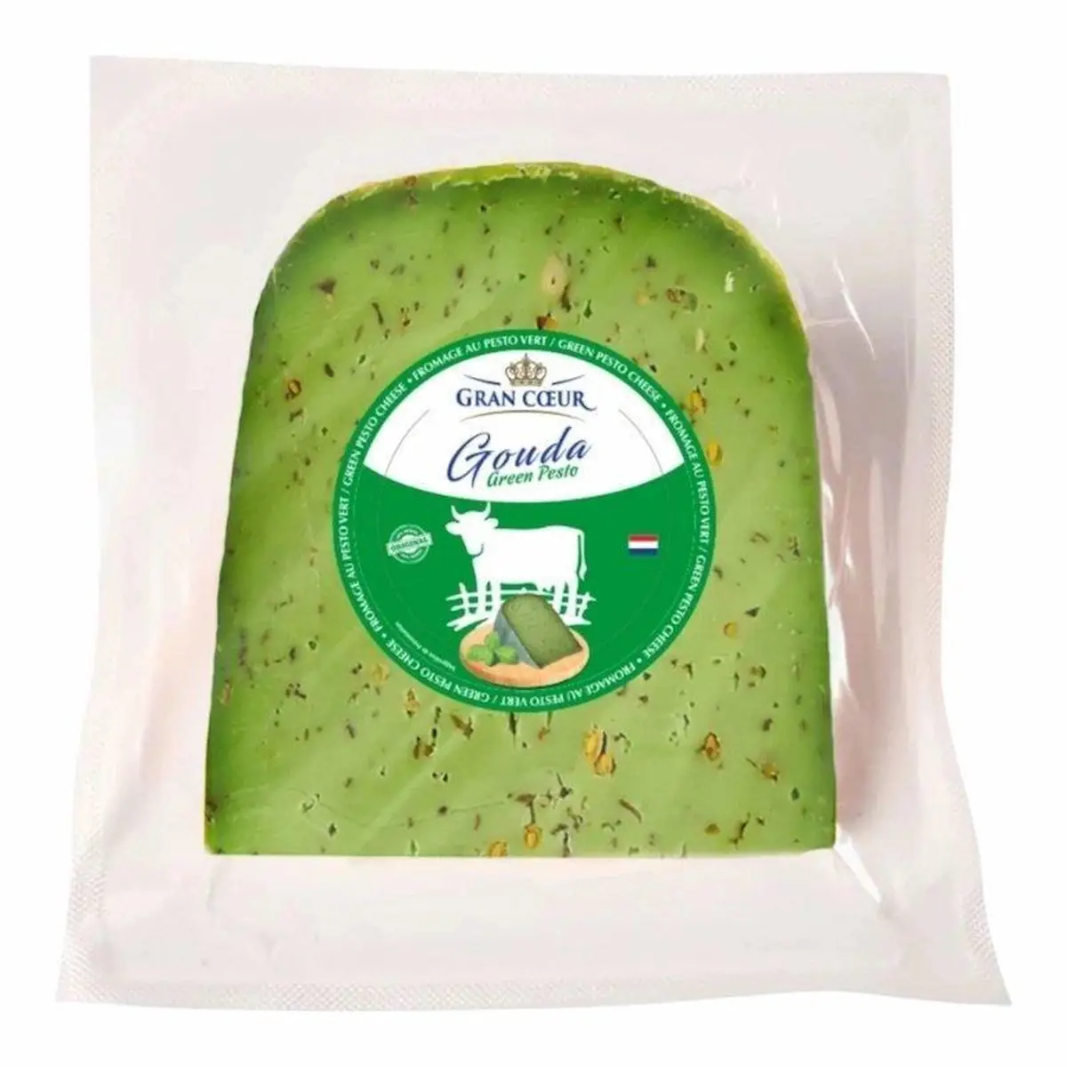 Green pesto Gouda 4.5 kg wheel, per kg