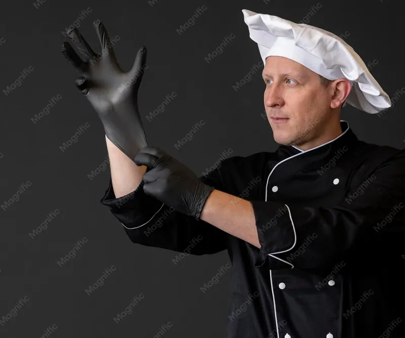 Chef en tenue enfilant des gants de protection noirs