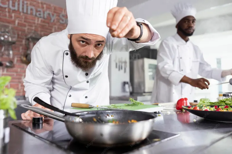 Brigade de chefs dressant des assiettes dans une cuisine de restaurant
