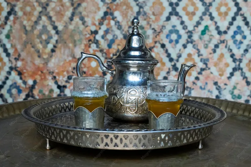 Théière marocaine en argent et verres de thé sur un plateau
